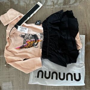 NUNUNU Cat Print Top with Black Skirt 0-3 months NWT